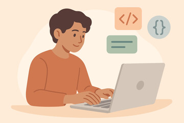 Young programmer coding on laptop with software development icons