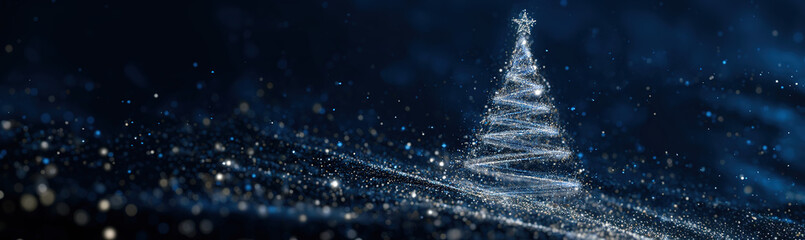 Sparkling abstract Christmas tree made of glittering particles against a dark blue bokeh background; festive digital art.