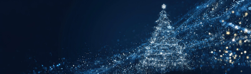 Sparkling abstract Christmas tree made of glittering particles against a dark blue bokeh background; festive digital art.
