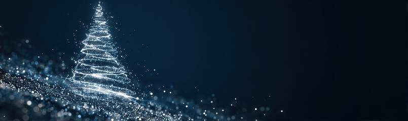 Sparkling abstract Christmas tree made of glittering particles against a dark blue bokeh background; festive digital art.