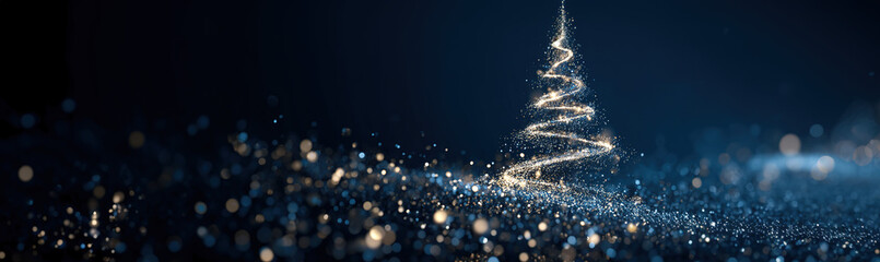 Sparkling abstract Christmas tree made of glittering particles against a dark blue bokeh background; festive digital art.
