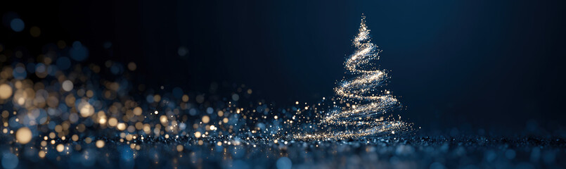 Sparkling abstract Christmas tree made of glittering particles against a dark blue bokeh background; festive digital art.