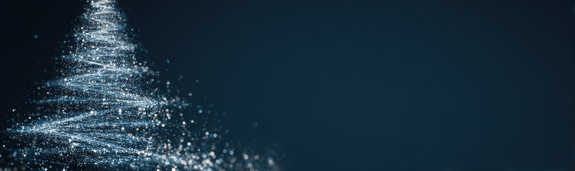 Sparkling abstract Christmas tree made of glittering particles against a dark blue bokeh background; festive digital art.