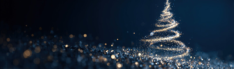 Sparkling abstract Christmas tree made of glittering particles against a dark blue bokeh background; festive digital art.