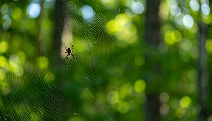 A solitary spider patiently waits on its intricate web amidst a sun-dappled forest background.