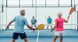 © aimodels24 - Four active older adult men and women enjoying a friendly pickleball match on an indoor court