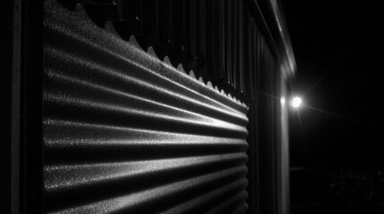Black and white close up of a corrugated metal wall reflecting light with a blurred illuminated object in the background