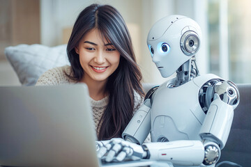 Woman and AI humanoid robot work together and collaborating while looking at a laptop, symbolizing AI partnership help job