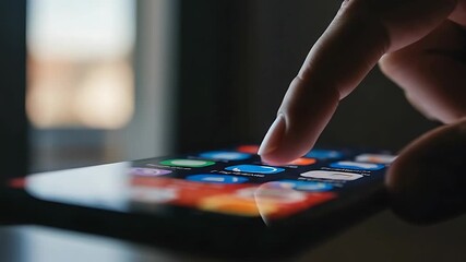 Person using smartphone with touch screen technology, tapping mobile app icons or digital
