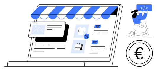 Laptop screen displaying an online shop with products, discounts, and cart button. Currency sign and coding character nearby. Ideal for e-commerce, digital business, shopping, coding