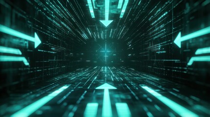Futuristic tunnel with glowing arrows and digital data