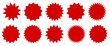 © Orvix - Red starburst badge vector set with spiky jagged sale labels and promotional sticker shapes for discount tags, posters, banners, and graphic design
