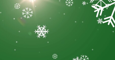 Wall Mural - animation of snow falling over christmas decorations on green background