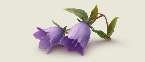 Wall Mural - Two purple bellflowers resting on a light background artistic rendering close up studio shot flower photography