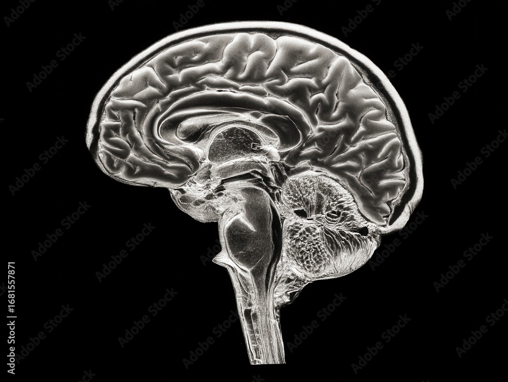 Detailed MRI Scan of Human Brain Anatomy Side View Showing Cerebral ...