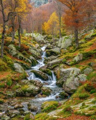 Wall Mural - Autumnal Cascade Scenic View of Mountain Stream Flowing Through Forest Landscape in Long Exposure Shot in Natural Light