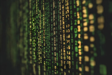 Abstract green and yellow matrix code on black screen. Digital numbers and letter flowing data stream for software development concept.