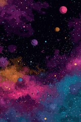 Wall Mural - Colorful Watercolor Galaxy with Planets and Stars Digital Art Illustration Space Scene Cosmic Background