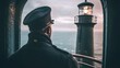 © Cingrid - Lighthouse keeper looking out to sea from window maritime safety navigation coastal guard ocean view