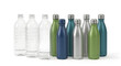 © Alif - Collection of reusable water bottles in various colors and styles, including clear plastic and metallic options