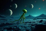 Mysterious green alien with tail amidst cratered planets and distant stars, cosmic, digital art