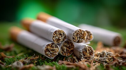 A close-up of rolled cigarettes reveals scattered tobacco against a softly focused green background, enhancing the natural feel of the scene.