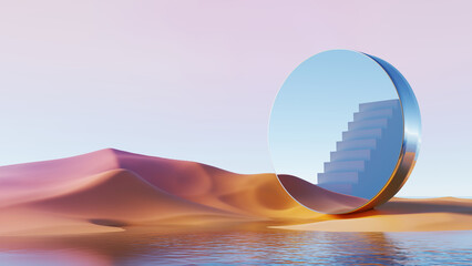 Wall Mural - 3d render, surreal mirror circle with staircase in pastel desert landscape