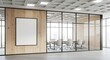 © Shabbir - Sleek modern conference room with wooden accent wall and blank frame ready for branding, featuring panoramic windows and stylish seating