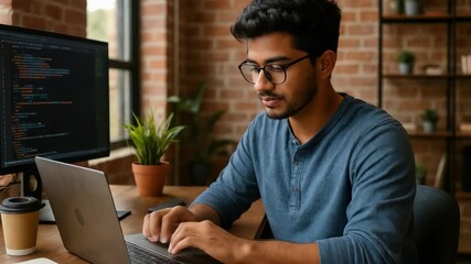 A focused programmer works on a laptop in a cozy office. The side angle captures the coding process, ideal for a tech video concept.