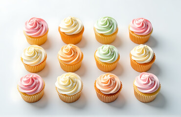 Wall Mural - dozen delicate mini cupcakes artfully arranged precise rows pristine white background bathed soft morning light