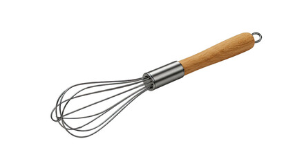 Professional stainless steel whisk with wooden handle on dark background, perfect for culinary creations and baking, stylish kitchen tool isolated PNG on transparent white background