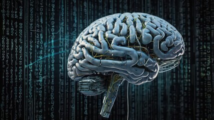 Artificial intelligence brain with digital code background and neural network