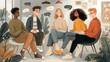 © merioum - A diverse support group of five participants seated in a circle with muted earthy tones and subtle lighting for mental health therapy presentations.