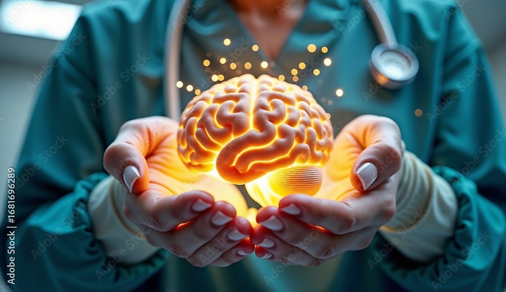 Doctorl's hands holding glowing brain in clinical setting, brain and ...