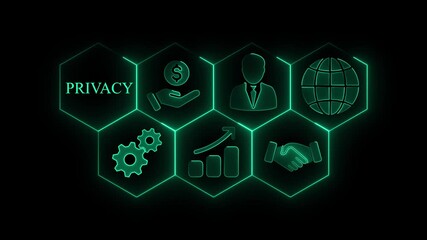 PRIVACY indicator business finance concept. glowing animation. PRIVACY text inside glowing neon circle with human icons. PRIVACY glowing neon line performance icons concept.