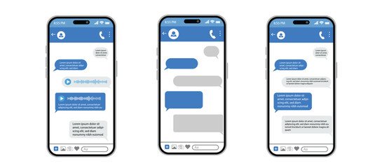 Smartphone Chat App UI Template with Blue Message Bubbles Modern Conversation Screen Vector.