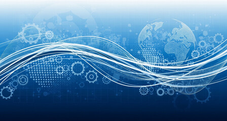 Abstract blue background with dynamic waves, global network elements, and futuristic technology patterns