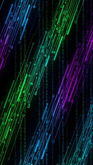 digital rain of binary code streams falling in neon colors abstract technology