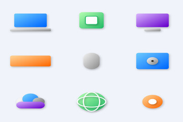 A grid of nine digital icons on a light gray background. Top row: blue screen resembling