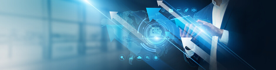 Wall Mural - software developer using tablet analyzing application performance and feature growth. code optimizat
