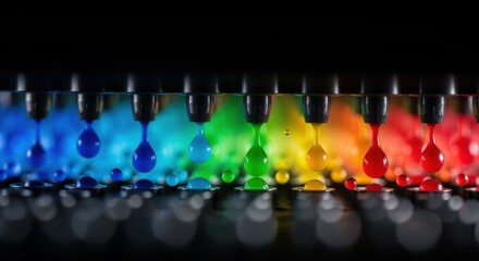 Vibrant quantumdot inks ejected via precision nozzle arrays during inkjet printing highlighting color intensity and pixel sharpness.