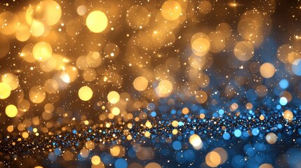 Abstract gold and blue bokeh lights glitter background.