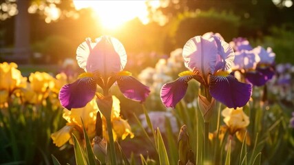 Close up view of vibrant purple and yellow iris flowers in bright sunlight with blurred background