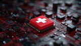 Swiss Flag with White Cross on Red Square Over Digital Circuit Background – Illustration Representing Technology, Data Security, and Cyber Protection in Switzerland