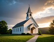 © Jaki - White church at sunset, green lawn, dramatic sky