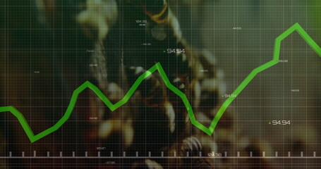 Wall Mural - Displaying green line graph with grid on blurred industrial background showing numeric value labels