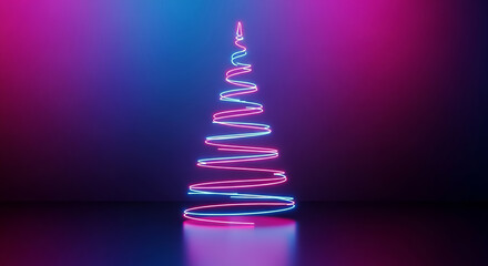 Wall Mural - Neon christmas tree shining with blue and purple lights on dark background