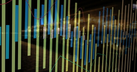 Wall Mural - Displaying financial chart featuring bars over blurred city lights, with red and teal trend lines