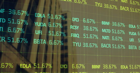 Wall Mural - Displaying ticker overlaying facade in financial district, showing stock symbols and percentages