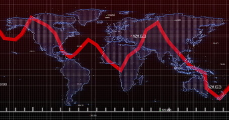 Wall Mural - Presenting dotted world map with red zigzag trend line on dark red grid, with numeric labels